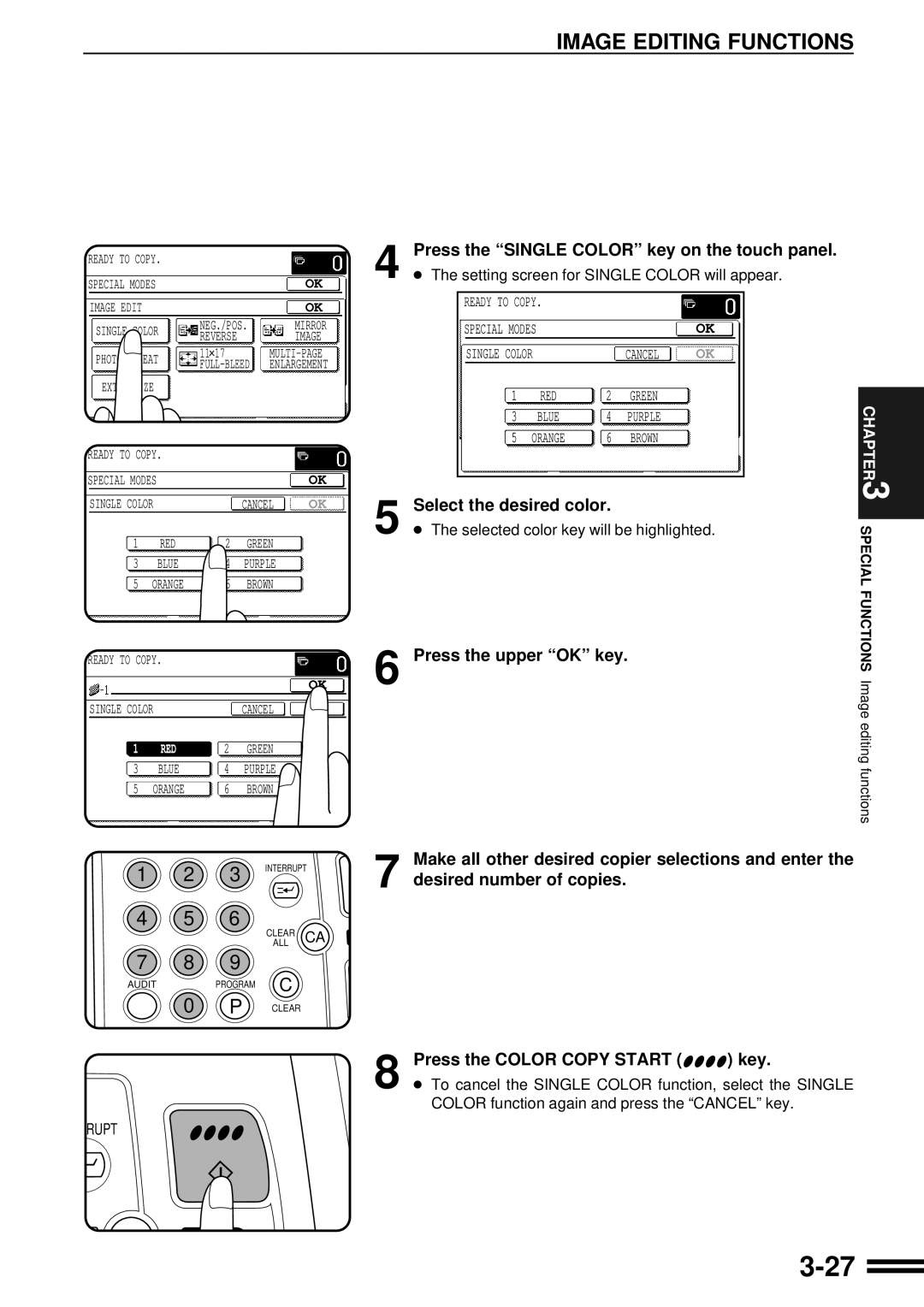 Sharp AR-C160 Image Editing Functions, Press the Single Color key on the touch panel, Select the desired color 