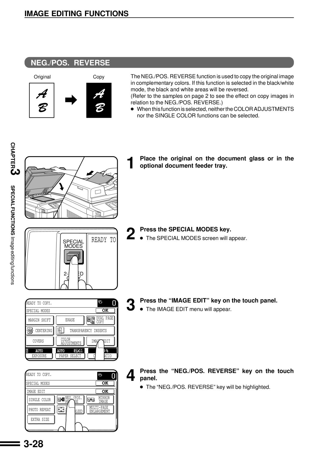 Sharp AR-C160 operation manual Press the Image Edit key on the touch panel, Press the NEG./POS. Reverse key on the touch 