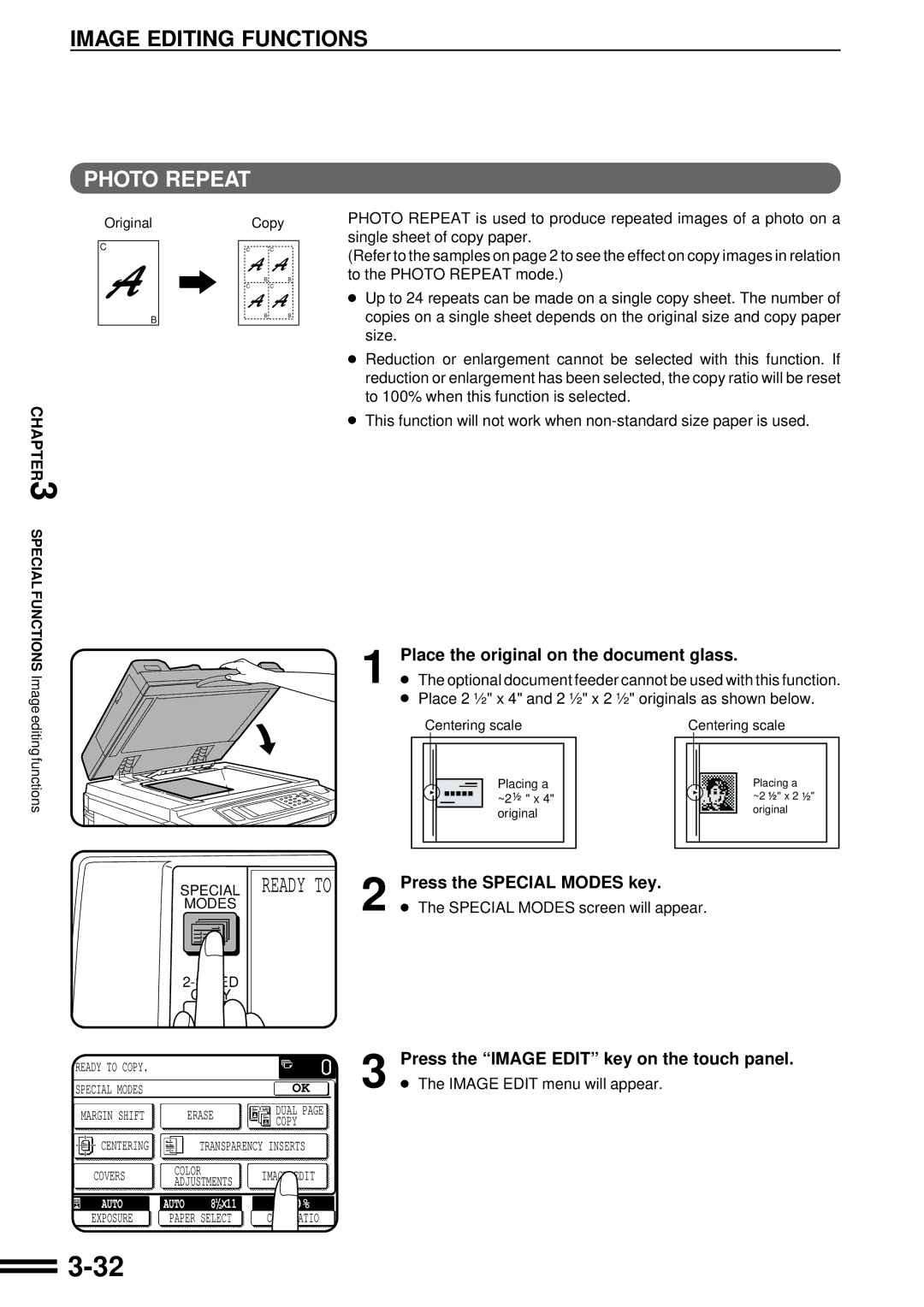 Sharp AR-C160 Place the original on the document glass, Place 2 ½ x 4 and 2 ½ x 2 ½ originals as shown below 