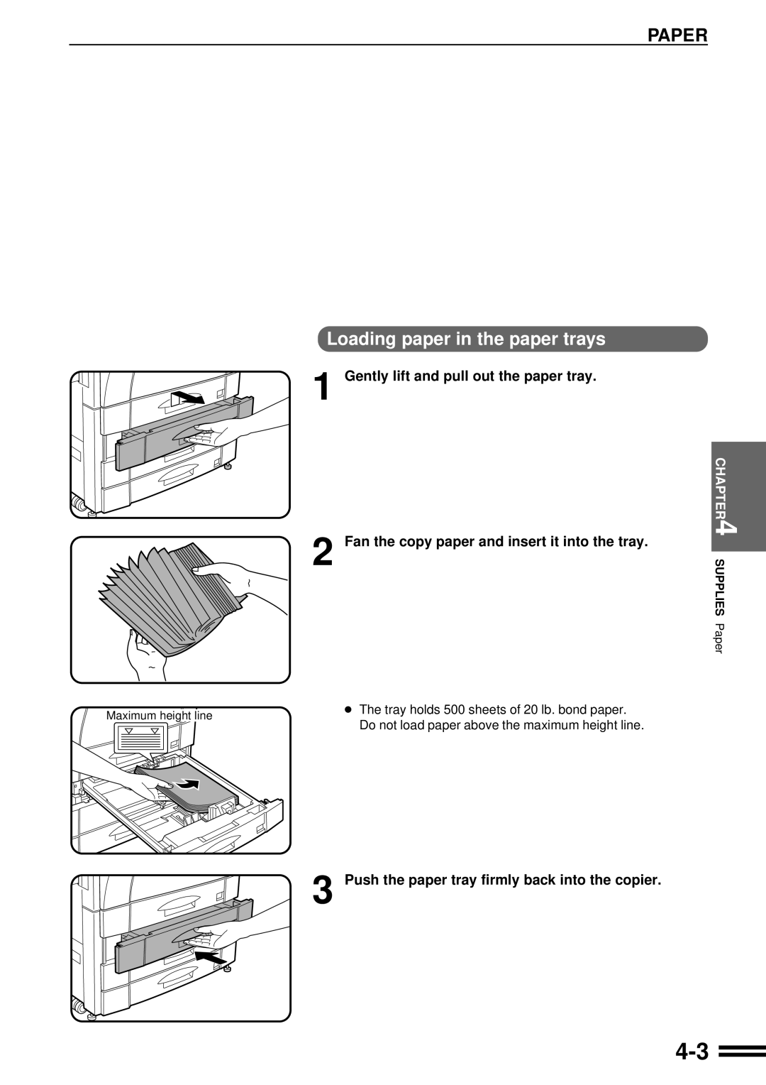 Sharp AR-C160 operation manual Paper, Loading paper in the paper trays, Push the paper tray firmly back into the copier 