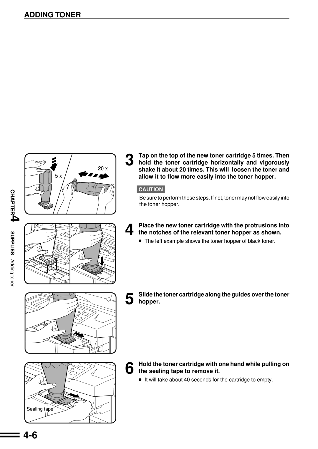 Sharp AR-C160 operation manual Adding Toner, Left example shows the toner hopper of black toner 