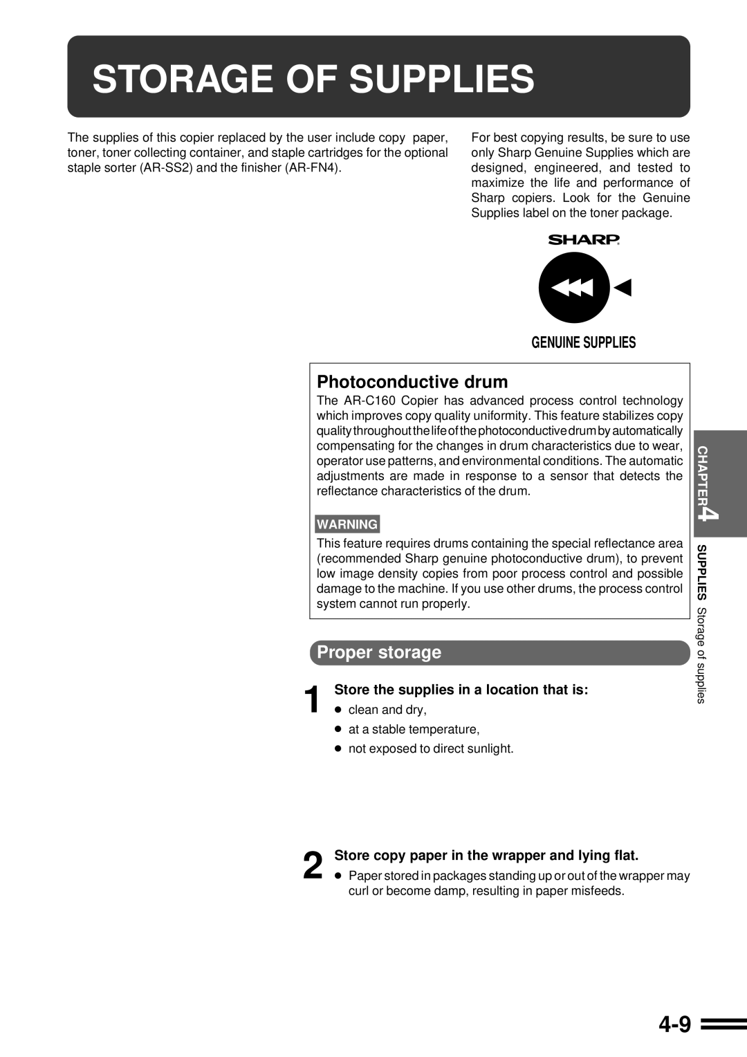 Sharp AR-C160 operation manual Storage of Supplies, Proper storage, Store the supplies in a location that is 