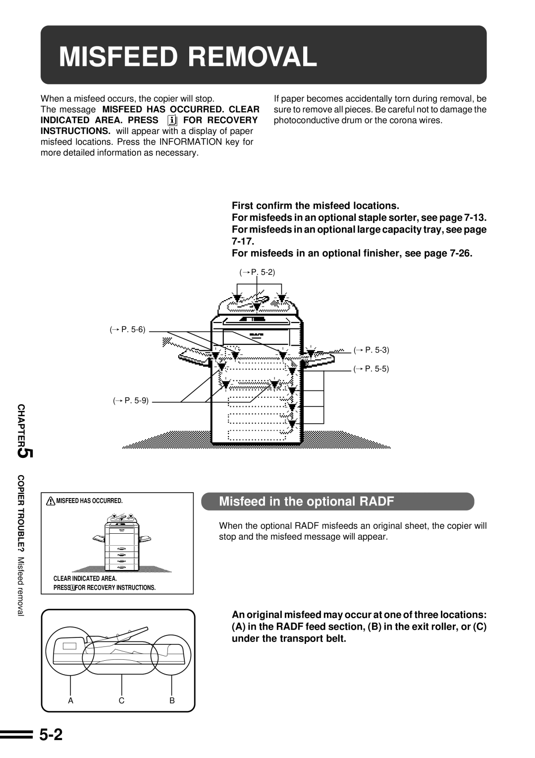 Sharp AR-C160 operation manual Misfeed Removal, Misfeed in the optional Radf, When a misfeed occurs, the copier will stop 