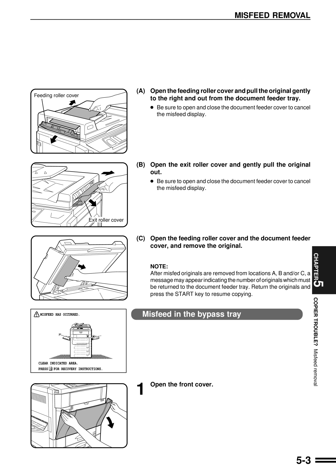 Sharp AR-C160 Misfeed Removal, Misfeed in the bypass tray, Open the feeding roller cover and pull the original gently 