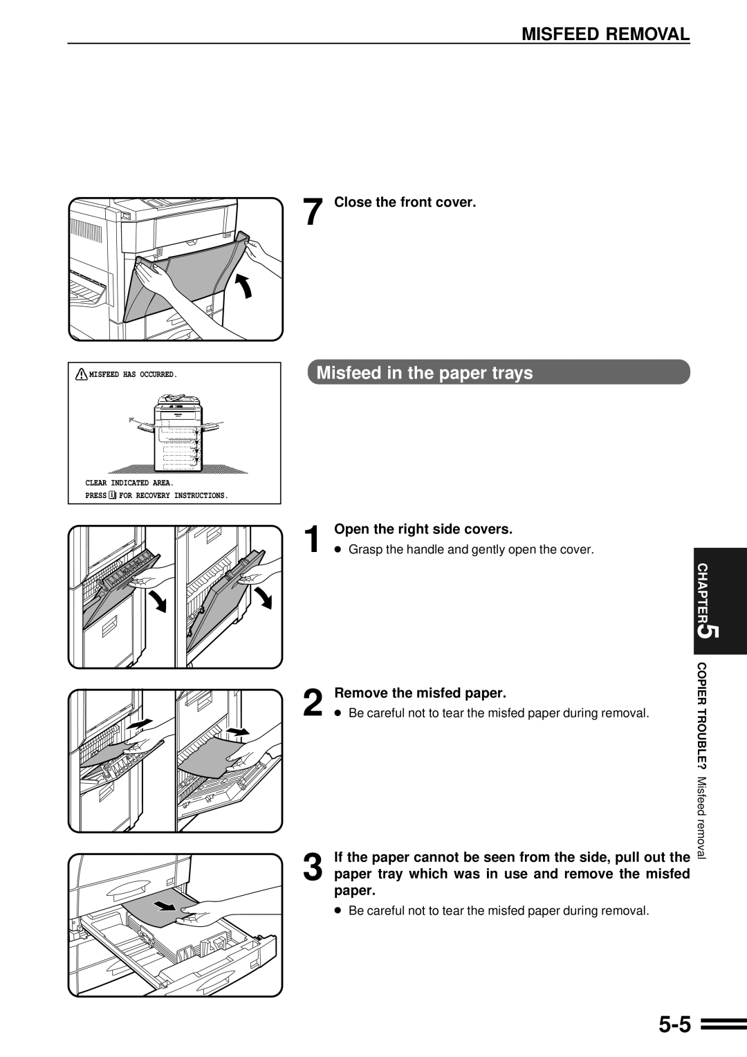 Sharp AR-C160 operation manual Misfeed in the paper trays, Close the front cover, Open the right side covers 