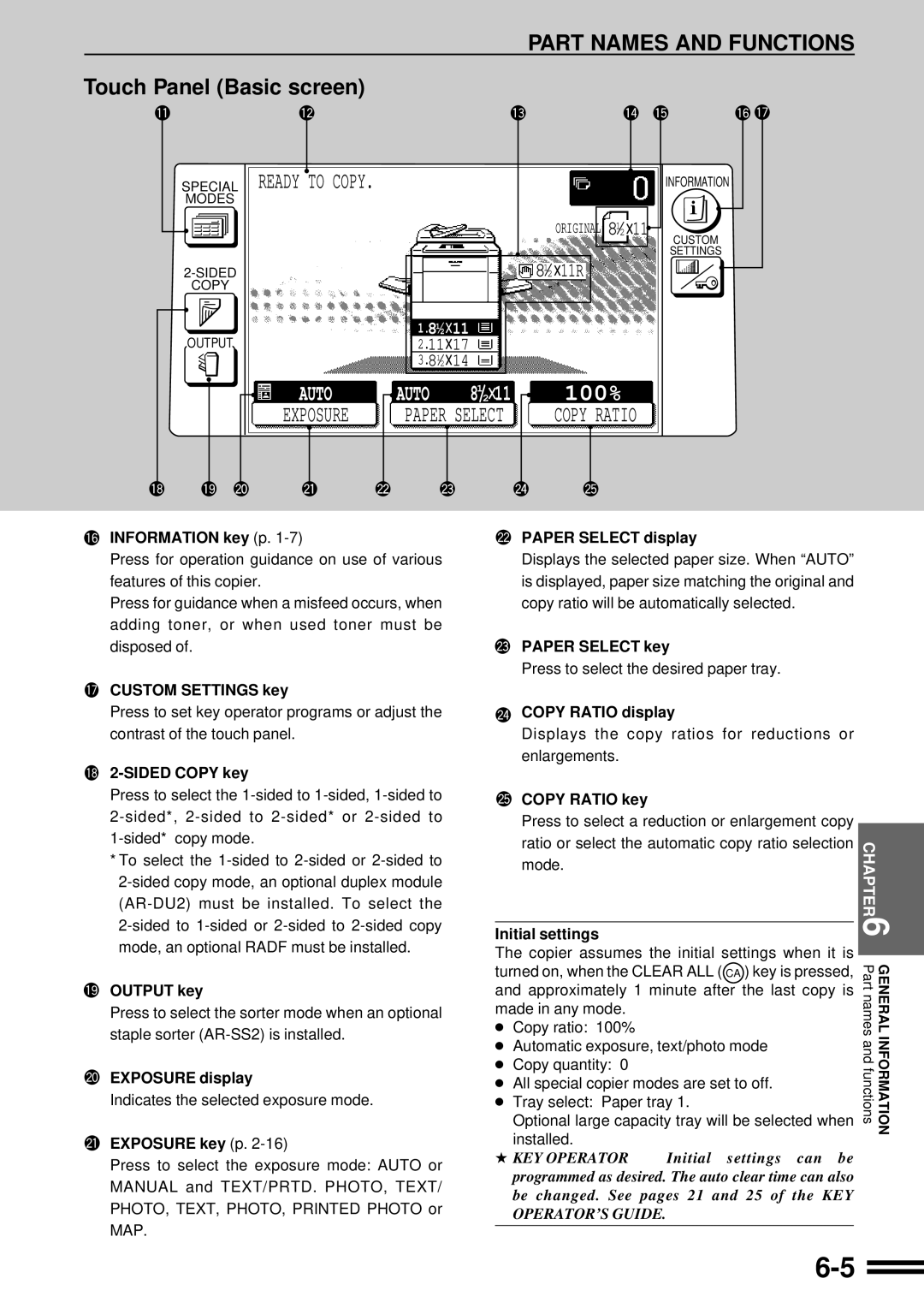 Sharp AR-C250 Information key p, Custom Settings key, Sided Copy key, Output key, Exposure display, Exposure key p 