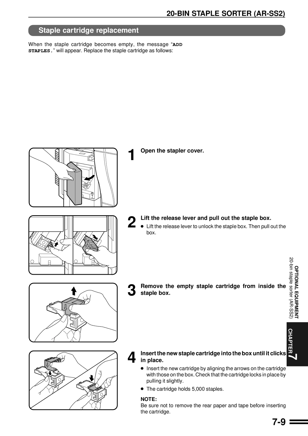 Sharp AR-C250 operation manual Staple cartridge replacement, Remove the empty staple cartridge from inside Staple box 