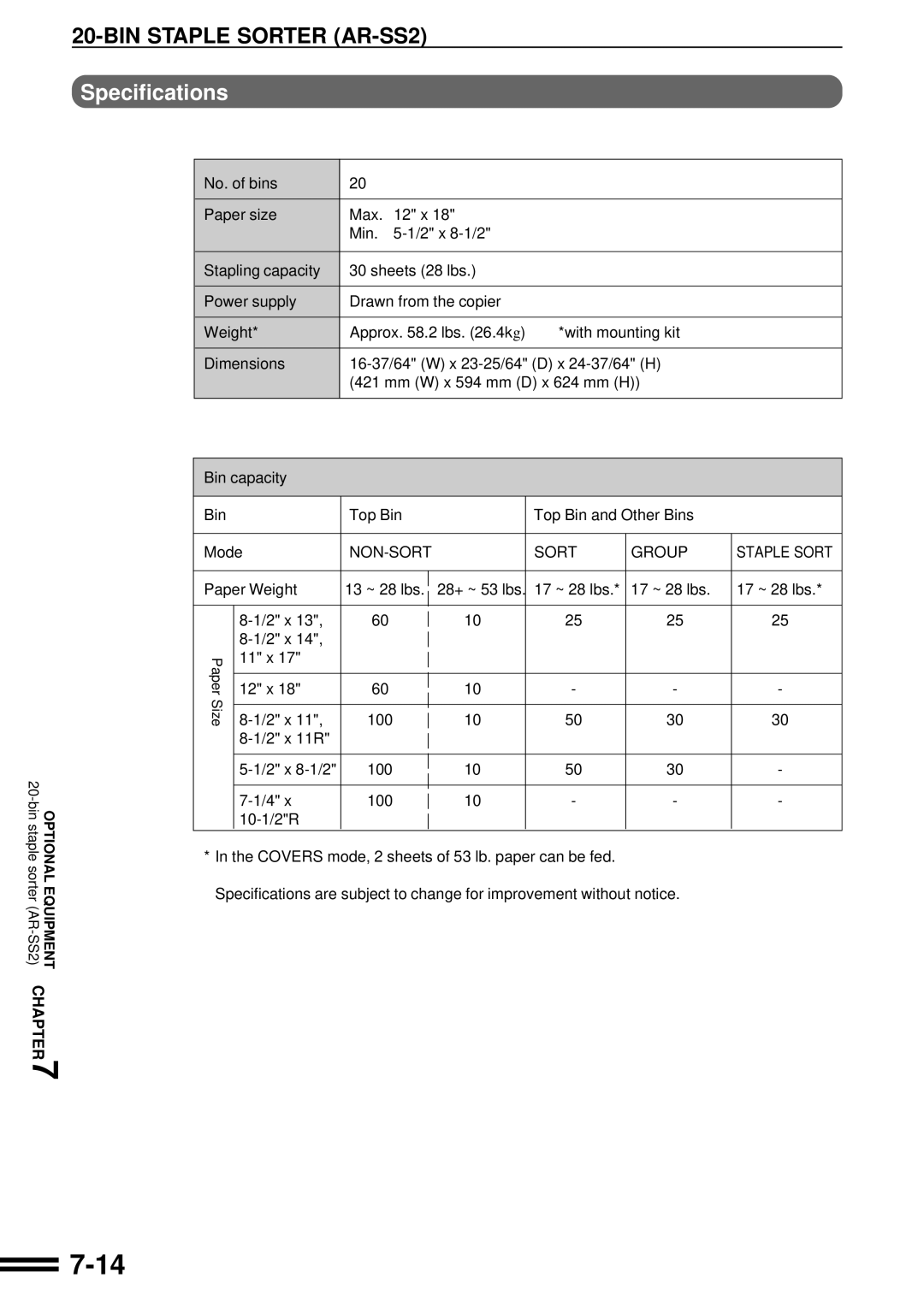 Sharp AR-C250 operation manual Specifications, Paper Weight 13 ~ 28 lbs, 17 ~ 28 lbs 2 x, 11 x 12 x 