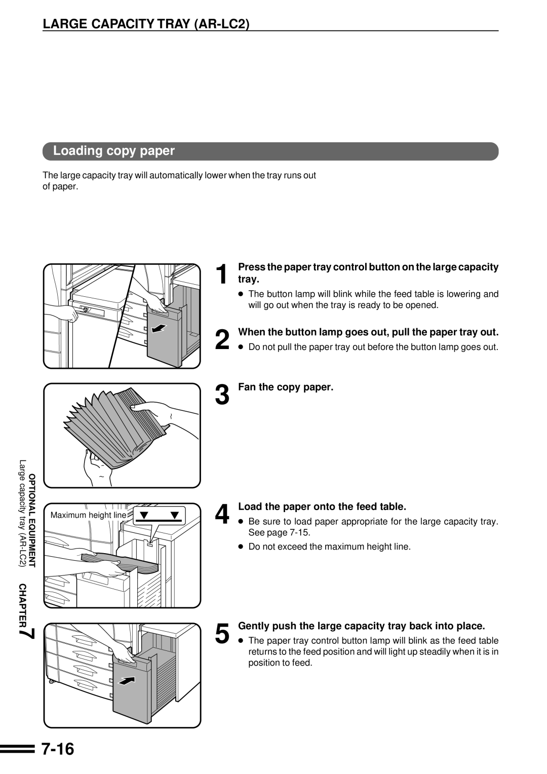 Sharp AR-C250 operation manual Large Capacity Tray AR-LC2, Fan the copy paper, Load the paper onto the feed table 