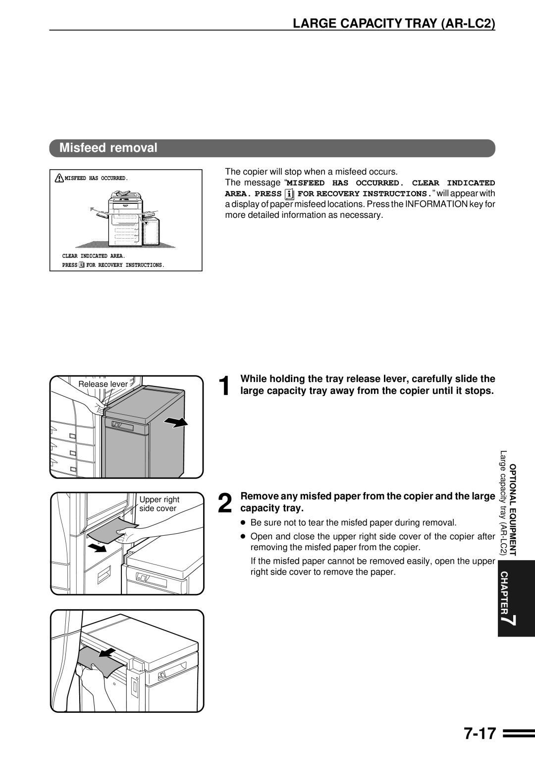 Sharp AR-C250 operation manual Capacity tray, Remove any misfed paper from the copier and the large 