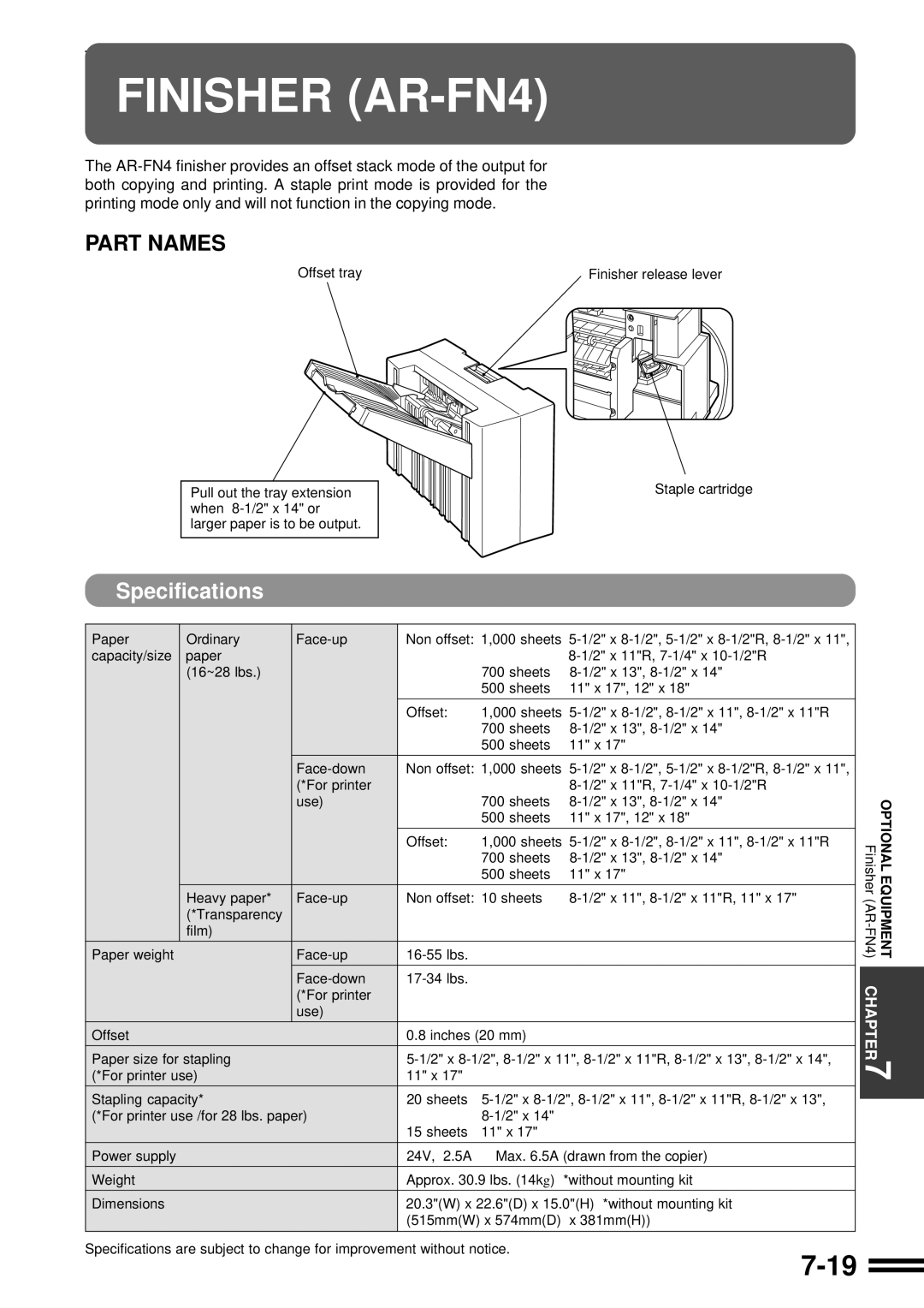 Sharp AR-C250 operation manual Finisher AR-FN4, Part Names 