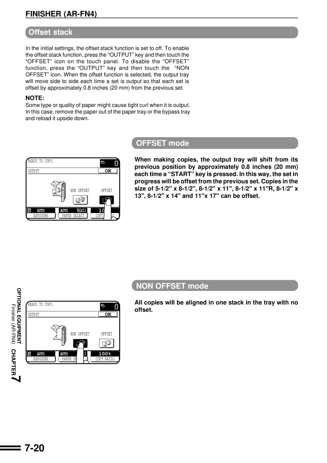 Sharp AR-C250 operation manual Finisher AR-FN4, Offset stack, NON Offset mode 