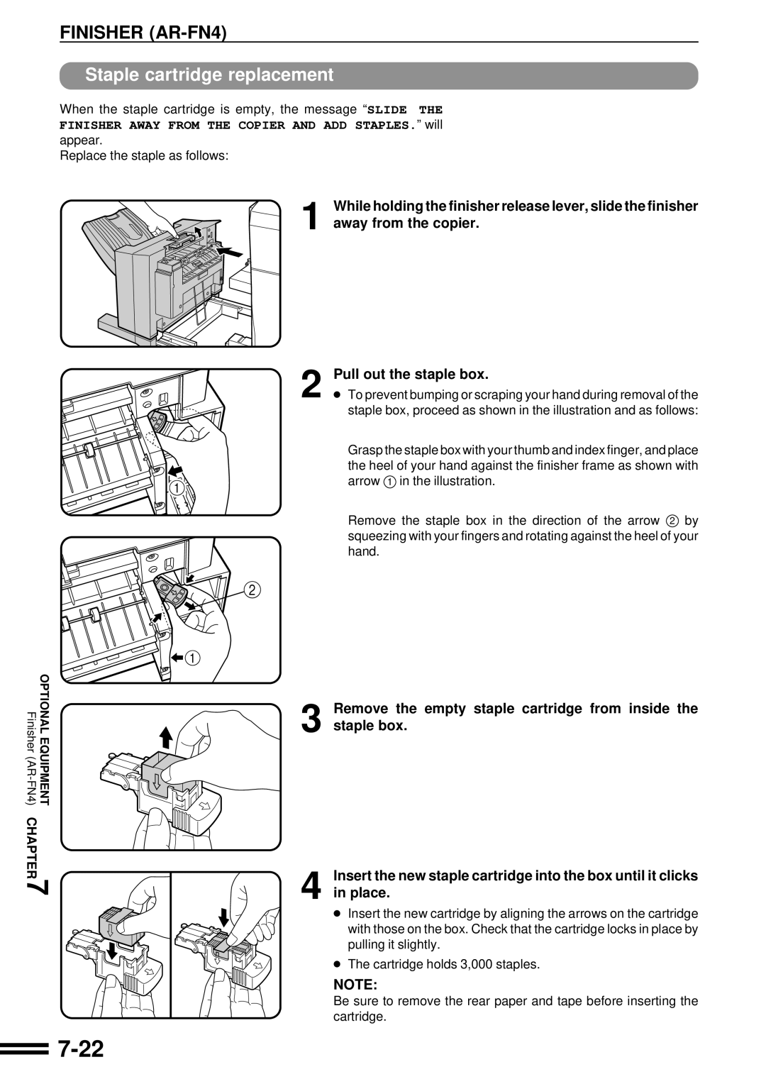 Sharp AR-C250 operation manual When the staple cartridge is empty, the message Slide, Replace the staple as follows 