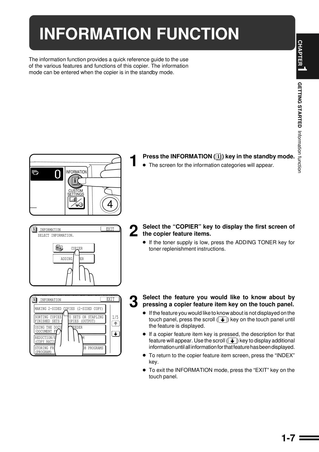 Sharp AR-C250 operation manual Information Function, Press the Information key in the standby mode 