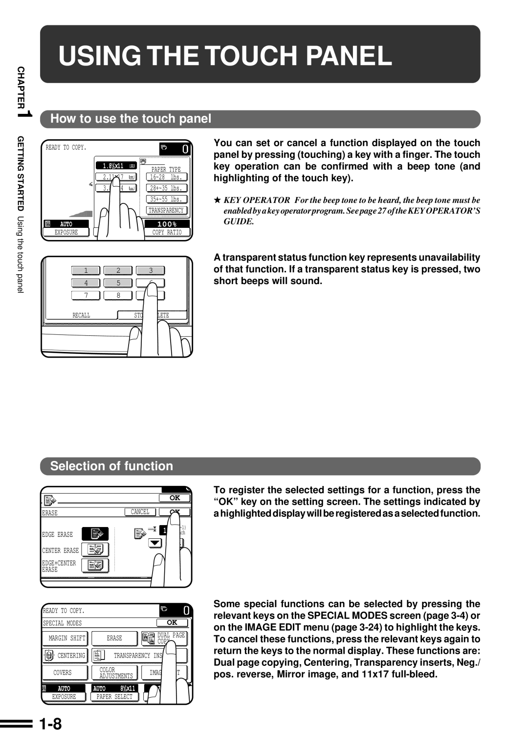 Sharp AR-C250 operation manual Using the Touch Panel, How to use the touch panel, Selection of function 