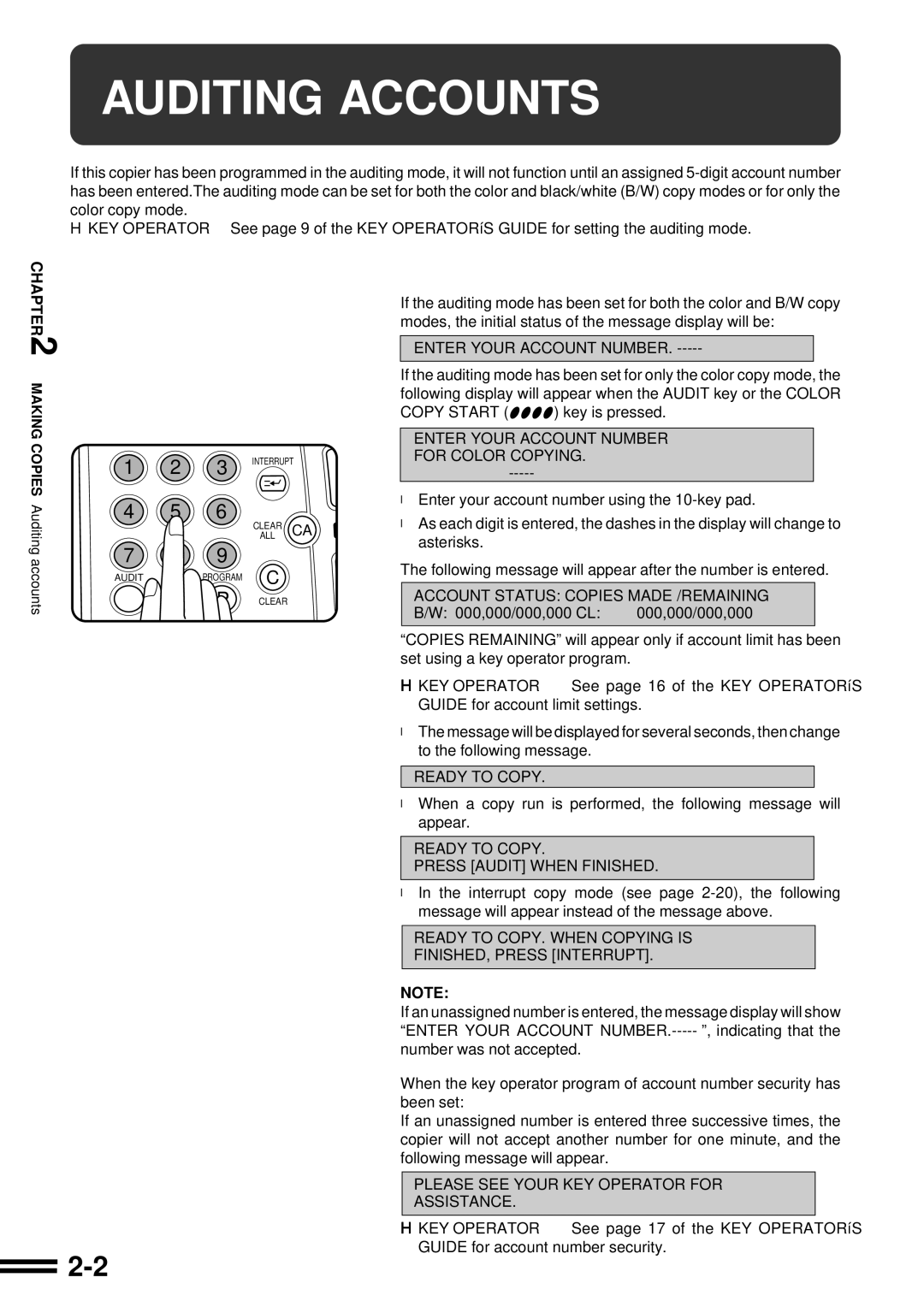 Sharp AR-C250 operation manual Auditing Accounts, Copy Start key is pressed 