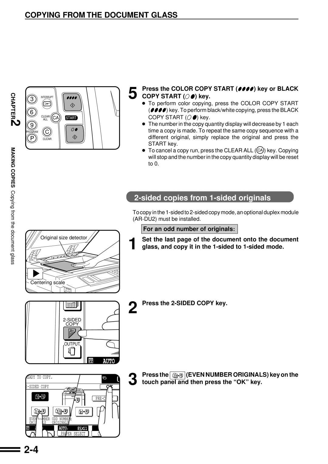 Sharp AR-C250 operation manual Copying from the Document Glass, Sided copies from 1-sided originals 