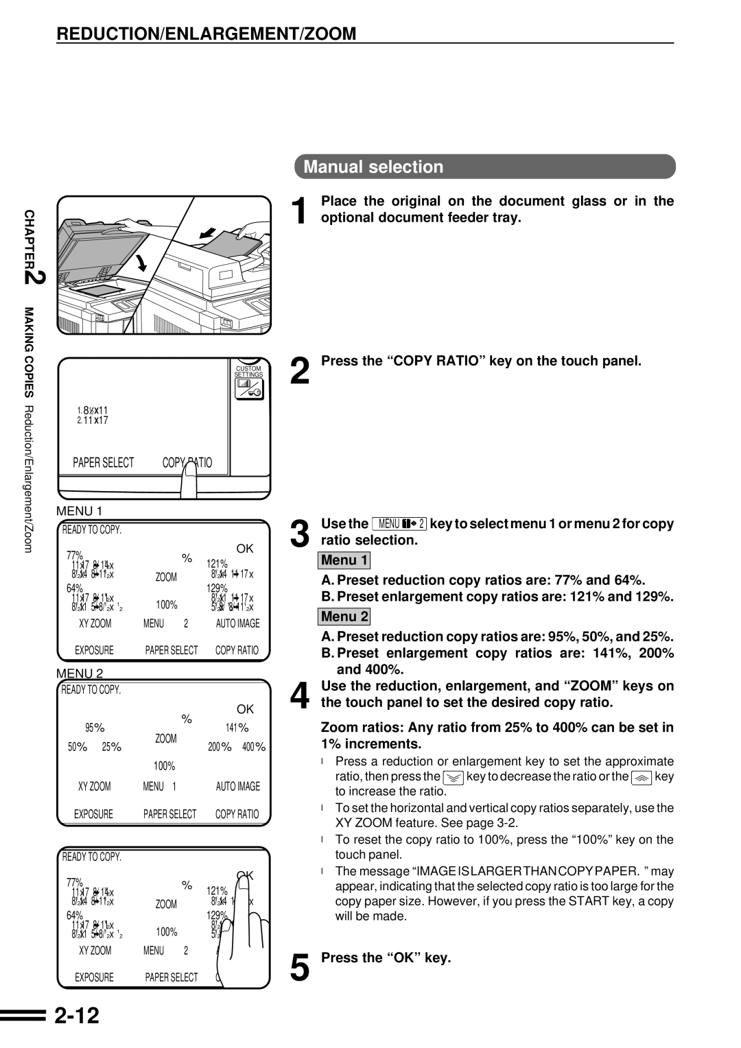 Sharp AR-C250 operation manual Reduction/Enlargement/Zoom, Manual selection 