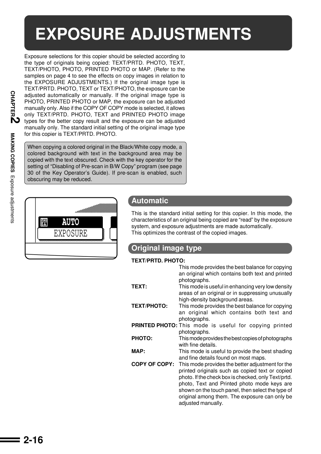 Sharp AR-C250 operation manual Exposure Adjustments, Automatic, Original image type 