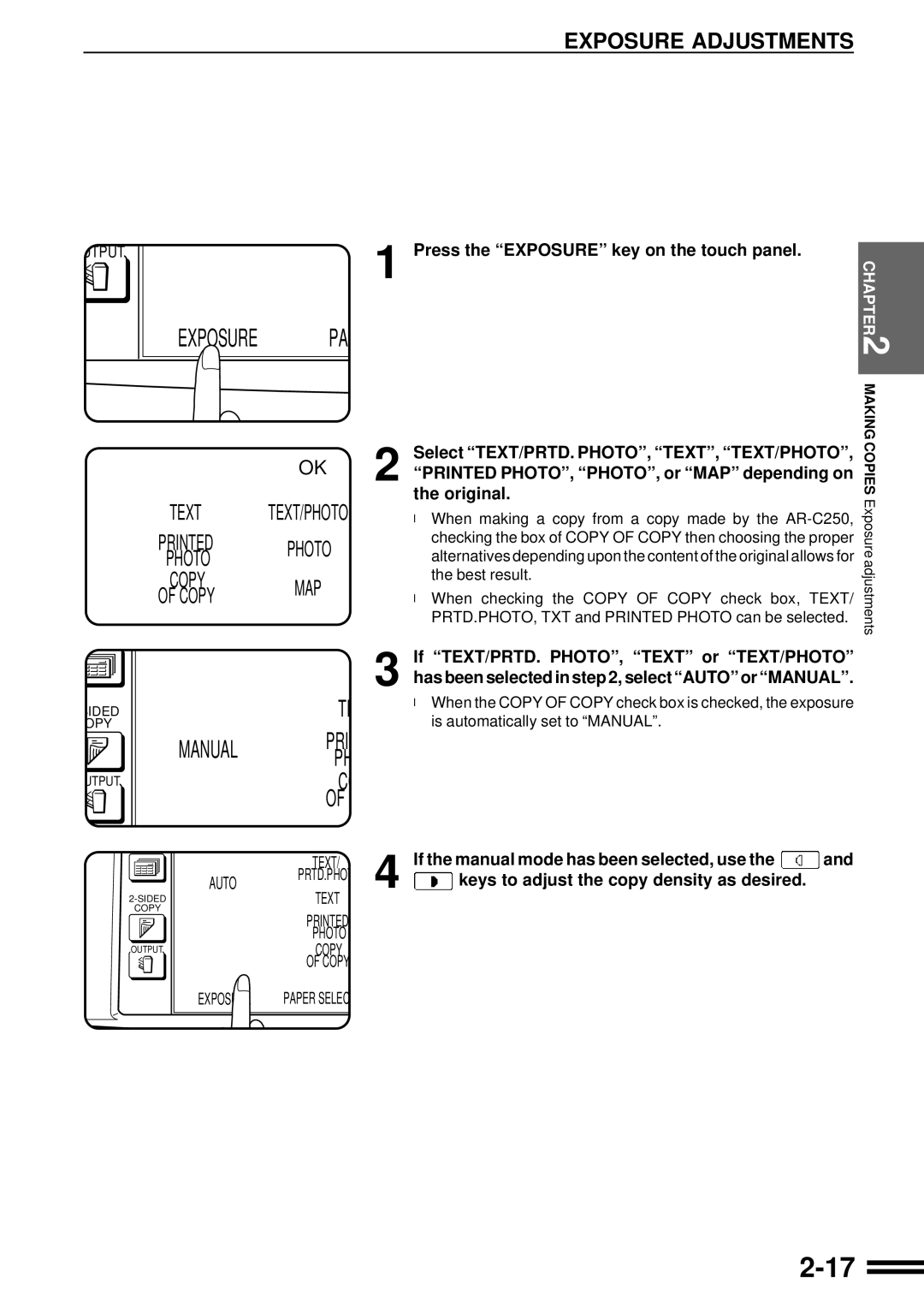 Sharp AR-C250 operation manual Exposure Adjustments, Printed PHOTO, PHOTO, or MAP depending on the original 