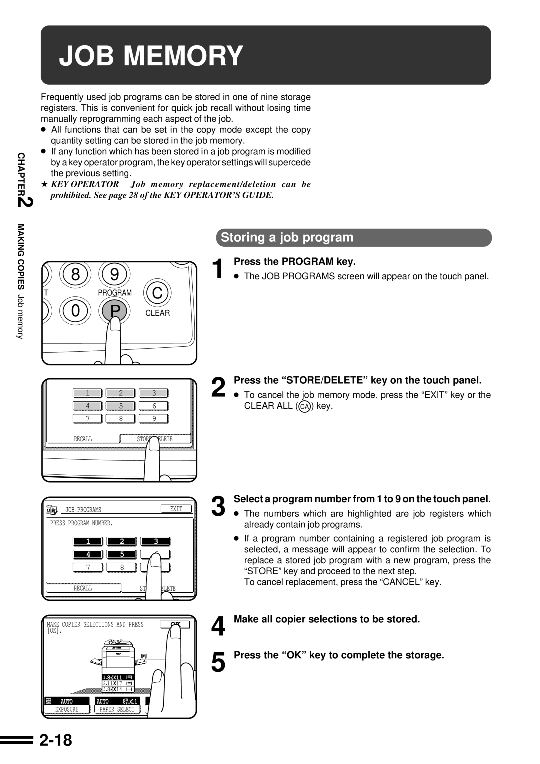 Sharp AR-C250 JOB Memory, Storing a job program, Press the Program key, Press the STORE/DELETE key on the touch panel 