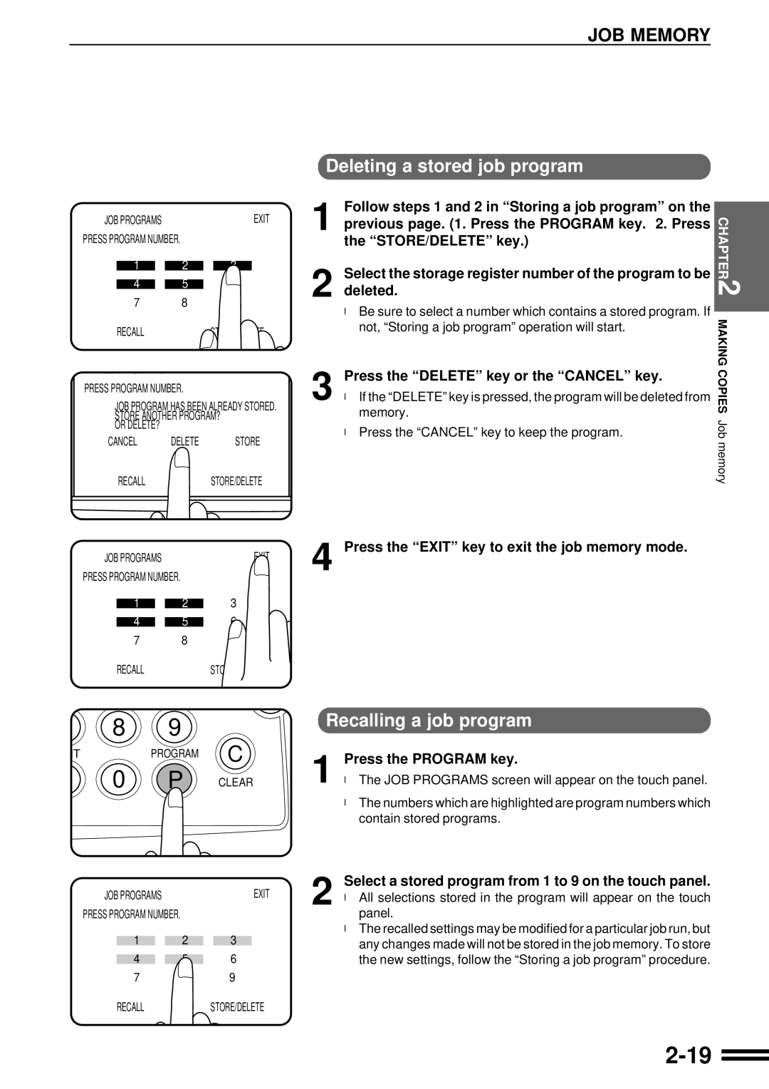 Sharp AR-C250 operation manual JOB Memory, Deleting a stored job program, Recalling a job program 