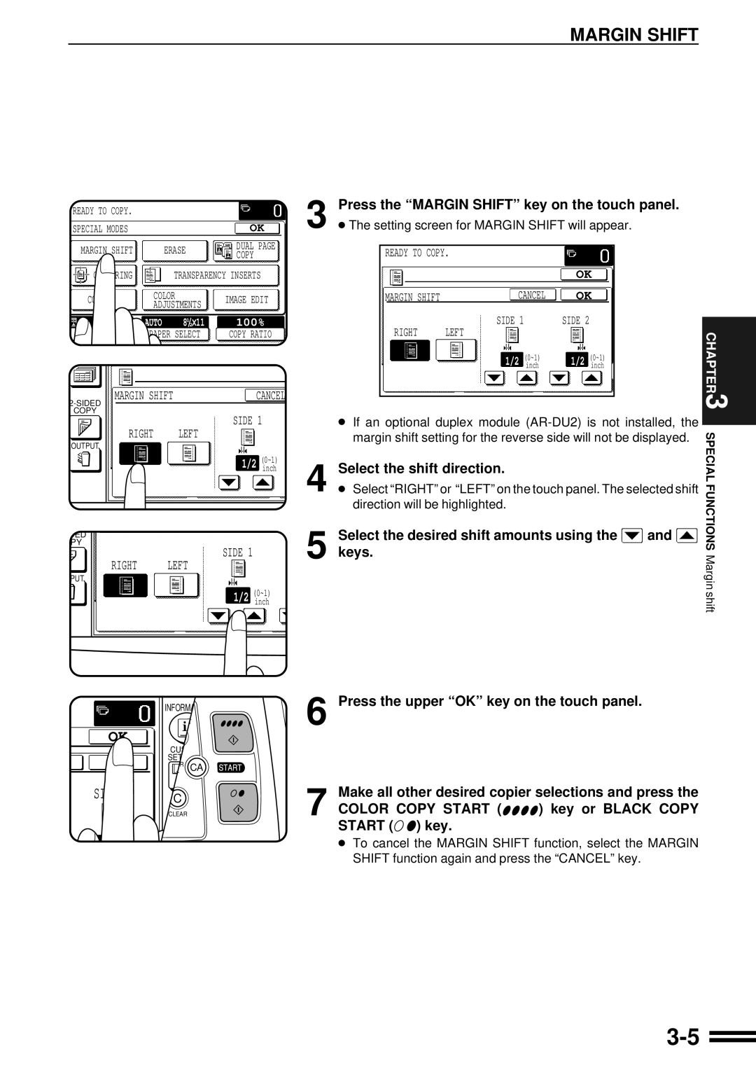 Sharp AR-C250 operation manual Press the Margin Shift key on the touch panel, Select the shift direction, Keys 