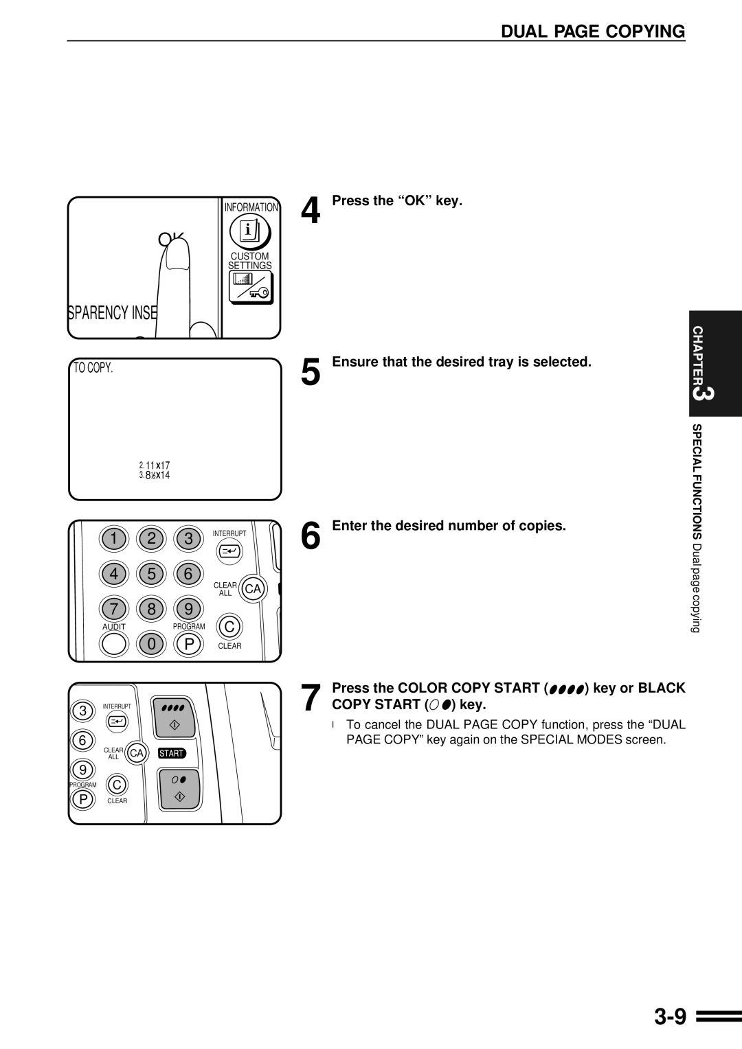 Sharp AR-C250 operation manual Dual page Copying, Information 4 Press the OK key, Ensure that the desired tray is selected 