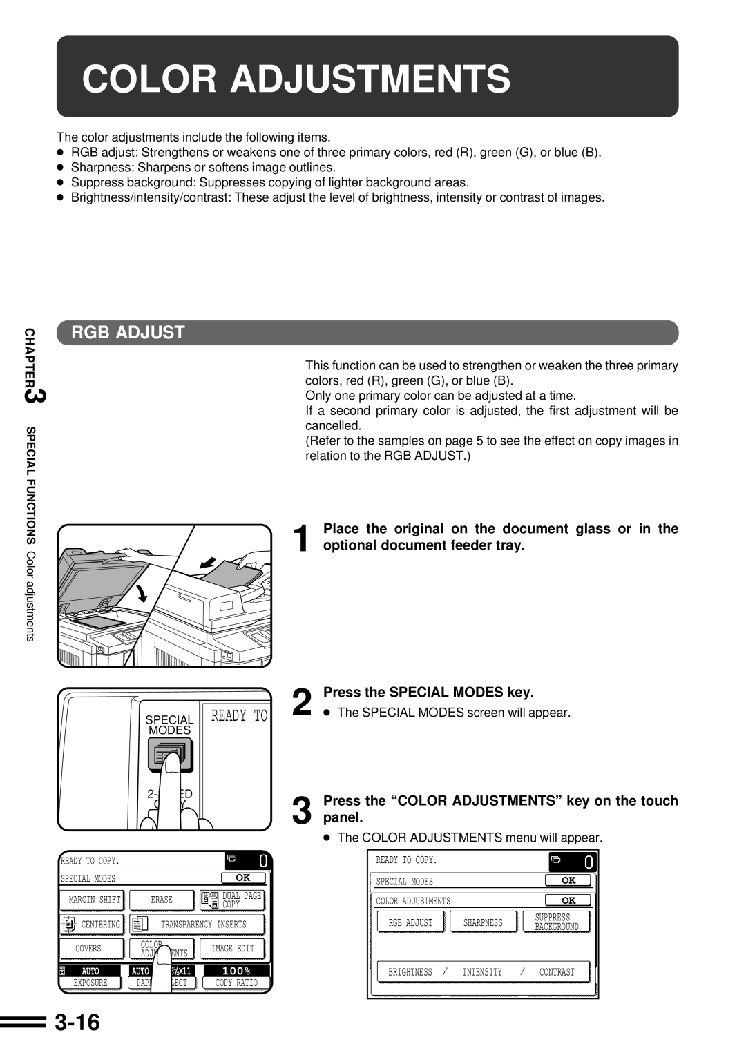 Sharp AR-C250 operation manual Color Adjustments menu will appear 