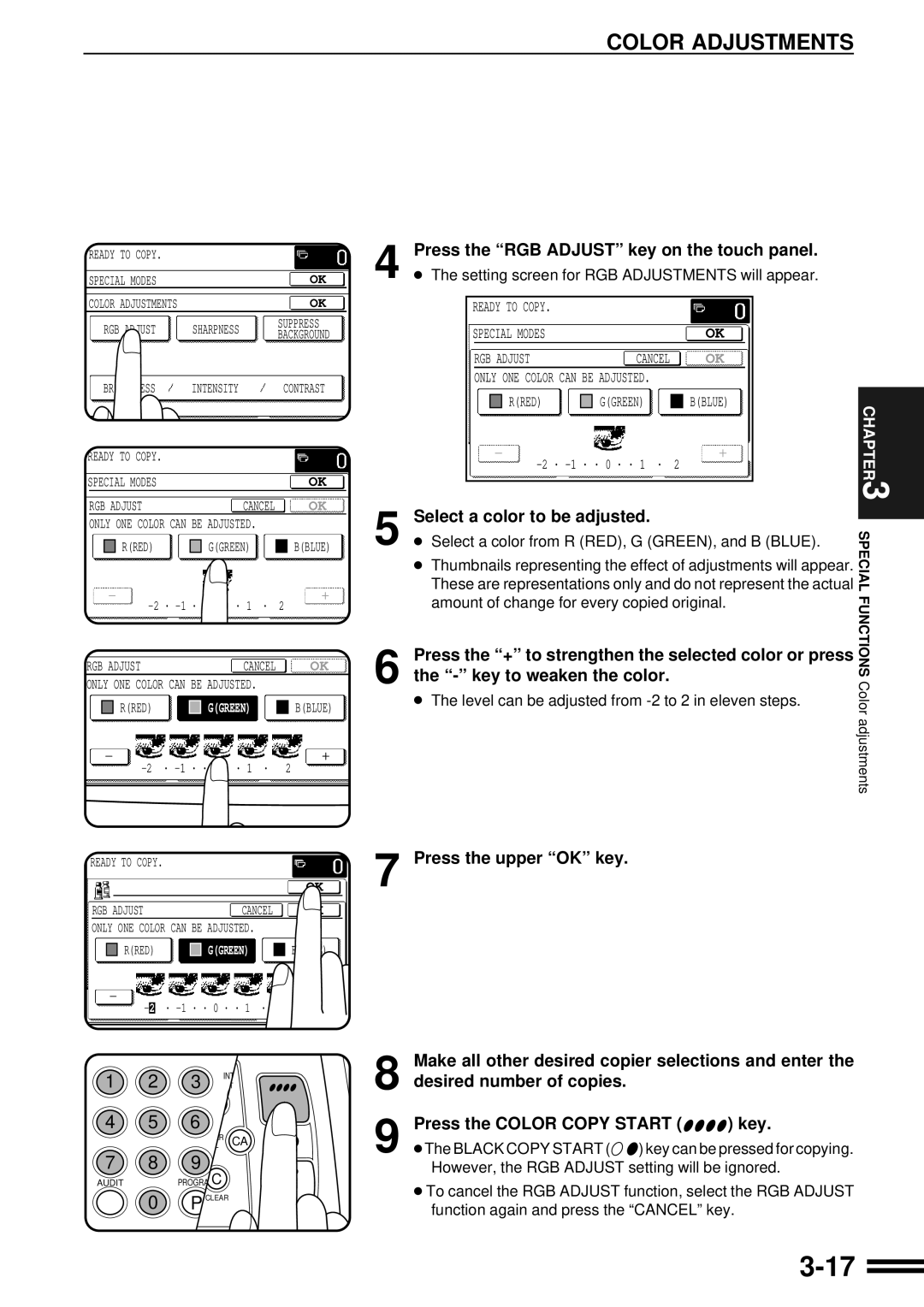 Sharp AR-C250 Color Adjustments, Press the RGB Adjust key on the touch panel, Select a color to be adjusted 