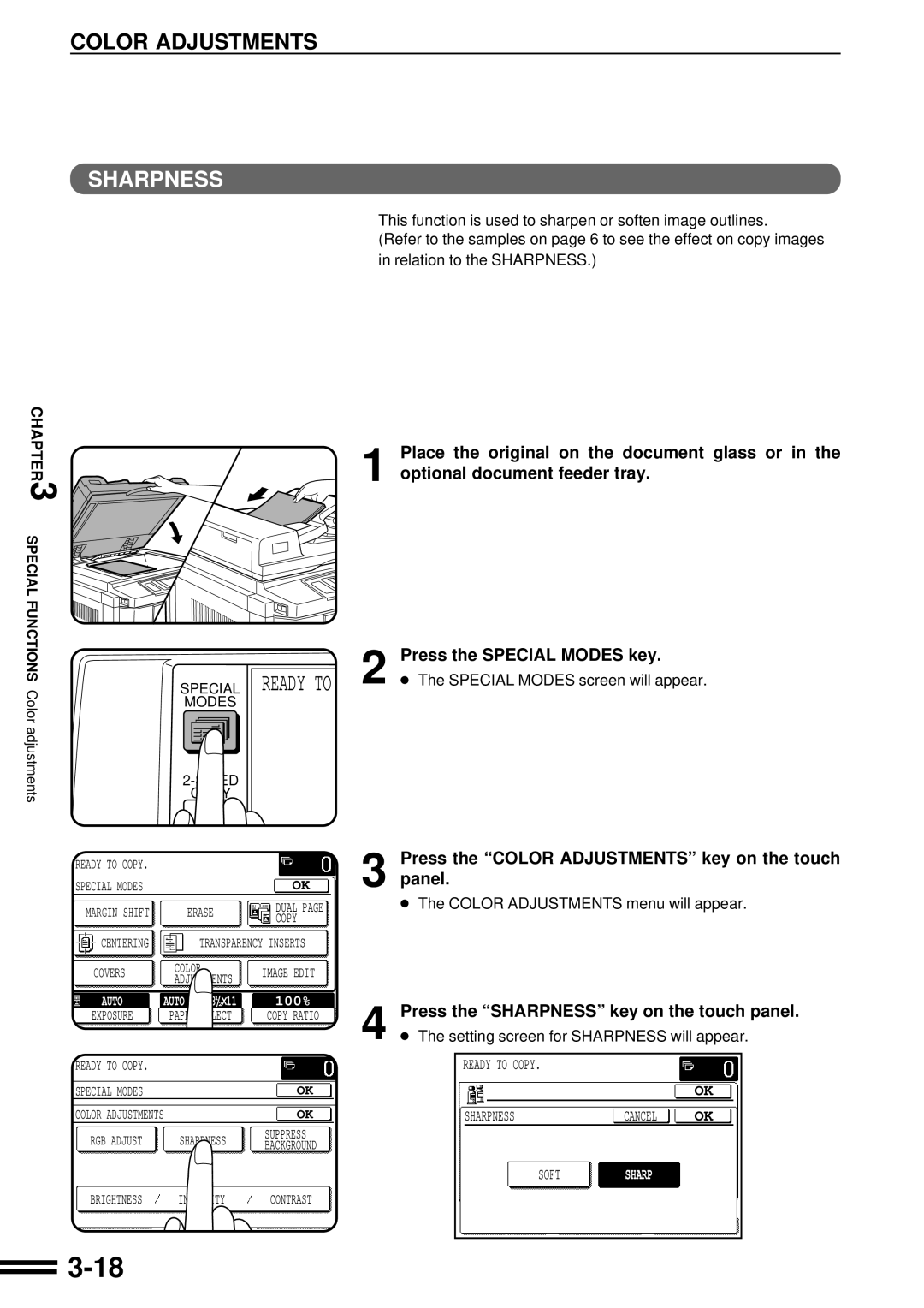 Sharp AR-C250 operation manual Press the Sharpness key on the touch panel, Setting screen for Sharpness will appear 