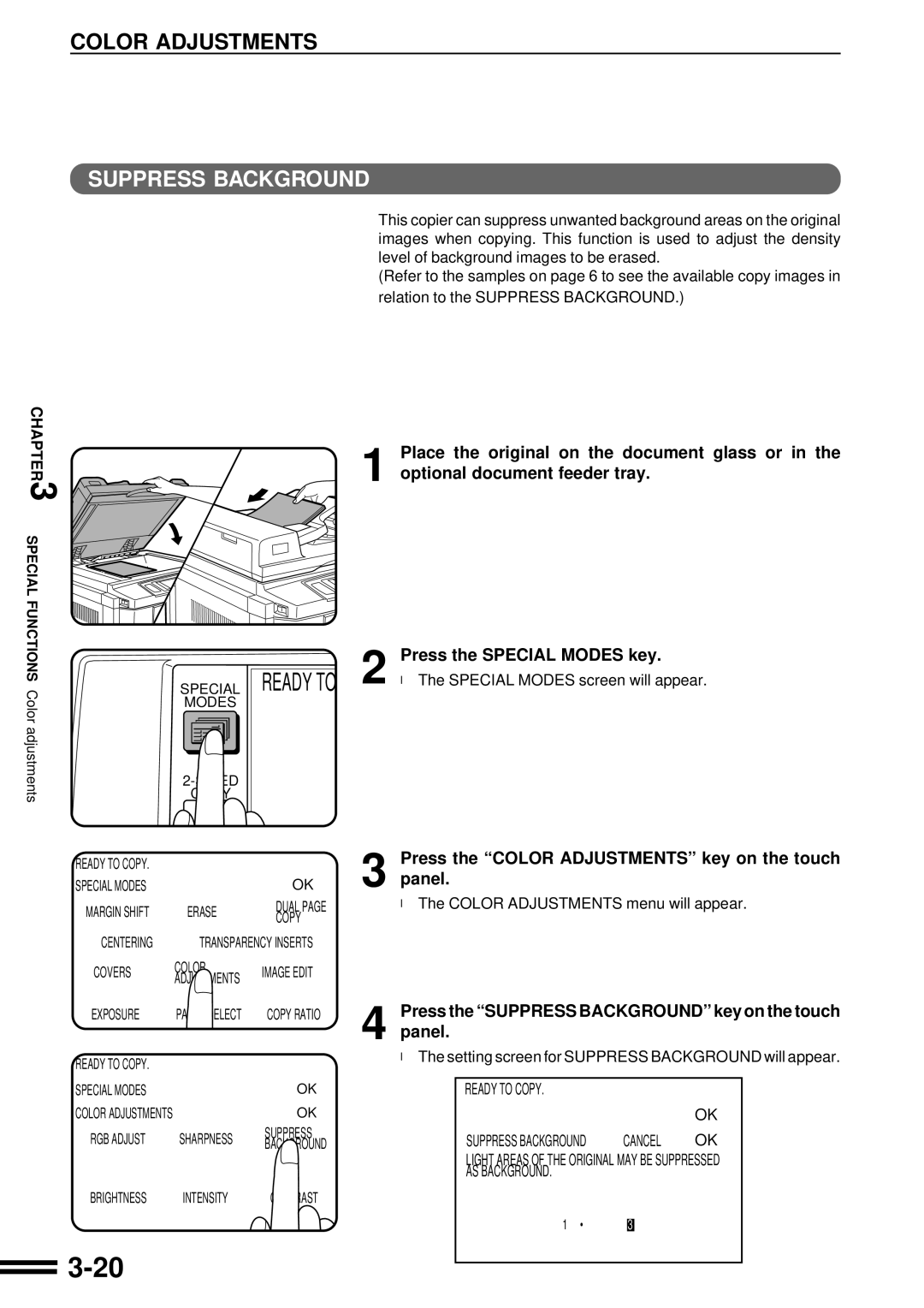 Sharp AR-C250 Press the Suppress Background key on the touch, Setting screen for Suppress Background will appear 