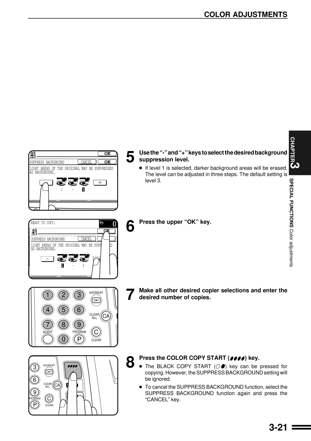 Sharp AR-C250 operation manual Suppression level, Use the and + keys to select the desired background, Level 