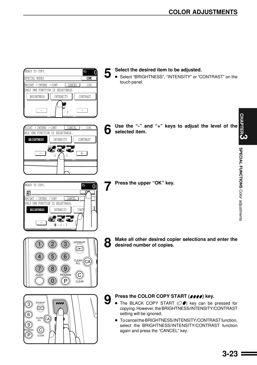 Sharp AR-C250 Select the desired item to be adjusted, Use the and + keys to adjust the level, Selected item, Touch panel 