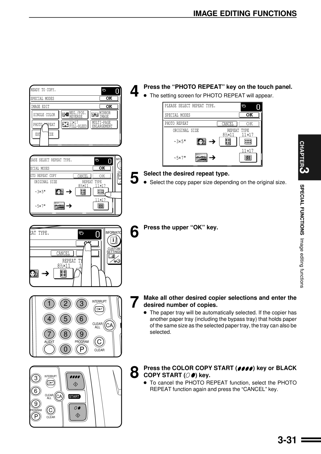 Sharp AR-C250 operation manual Press the Photo Repeat key on the touch panel, Select the desired repeat type 