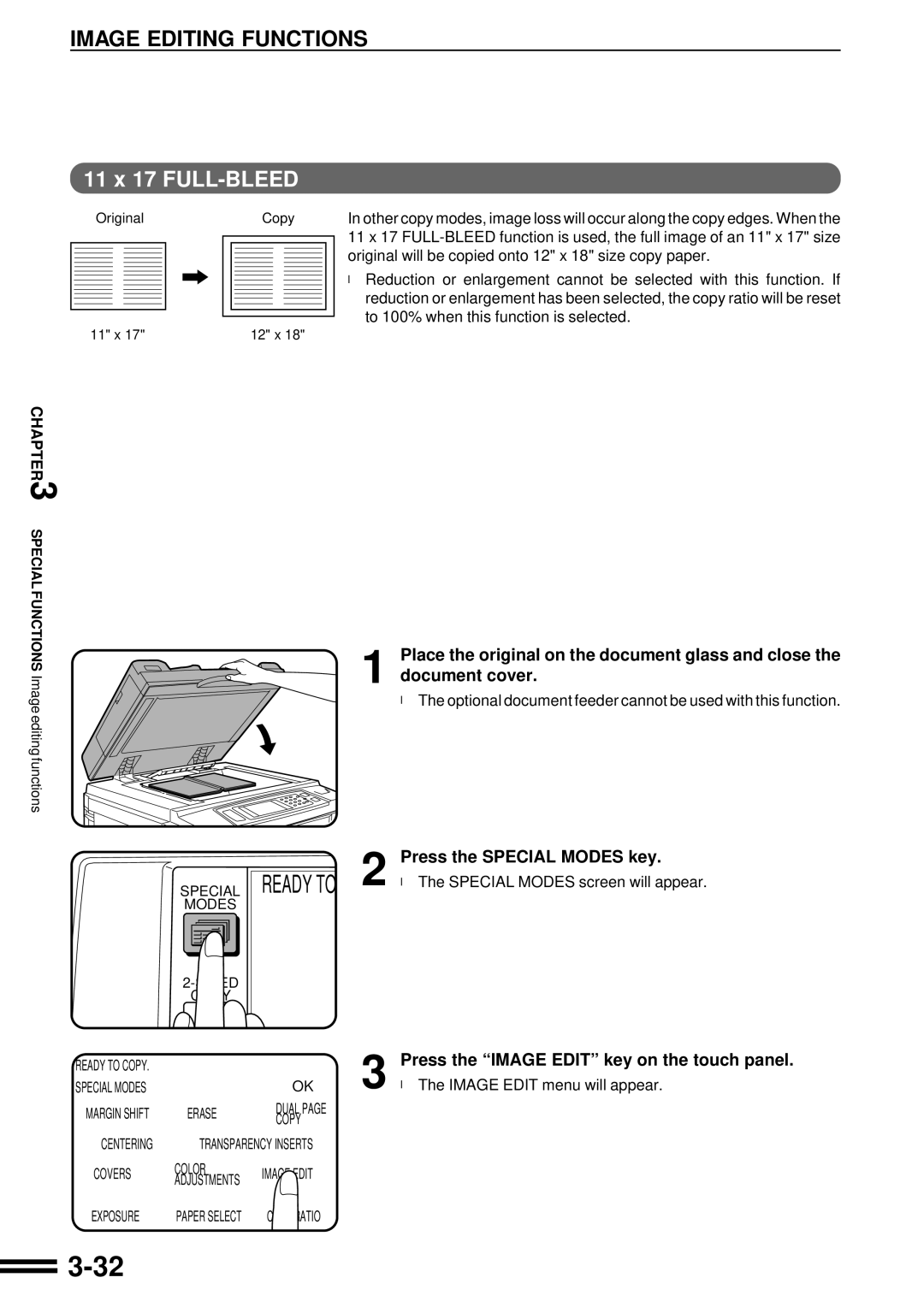 Sharp AR-C250 operation manual 11 x 17 FULL-BLEED, Original will be copied onto 12 x 18 size copy paper 