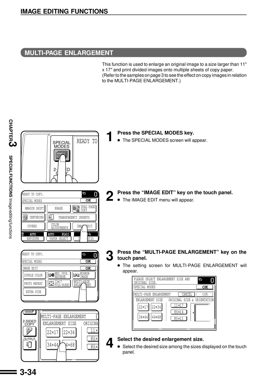 Sharp AR-C250 Press the MULTI-PAGE Enlargement key on Touch panel, Select the desired enlargement size, Panel 