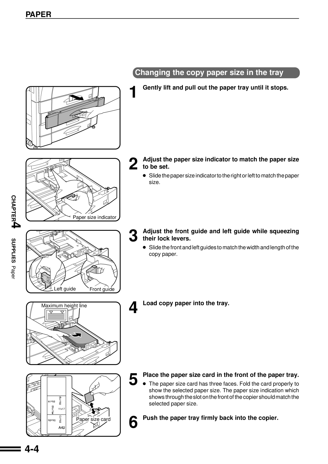 Sharp AR-C250 operation manual Changing the copy paper size in the tray, Load copy paper into the tray 