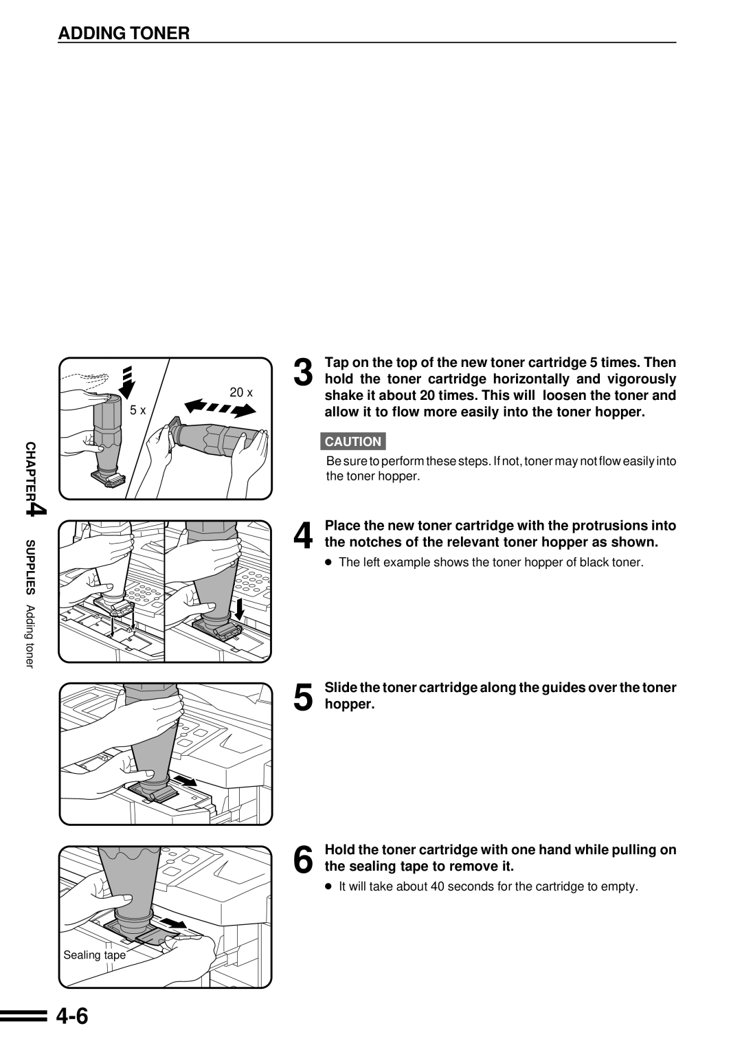 Sharp AR-C250 operation manual Adding Toner, Left example shows the toner hopper of black toner 