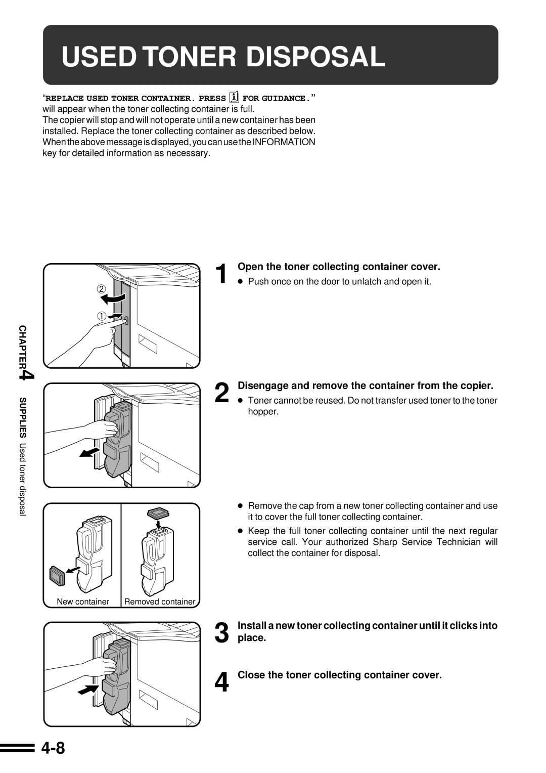 Sharp AR-C250 operation manual Used Toner Disposal, Disengage and remove the container from the copier 