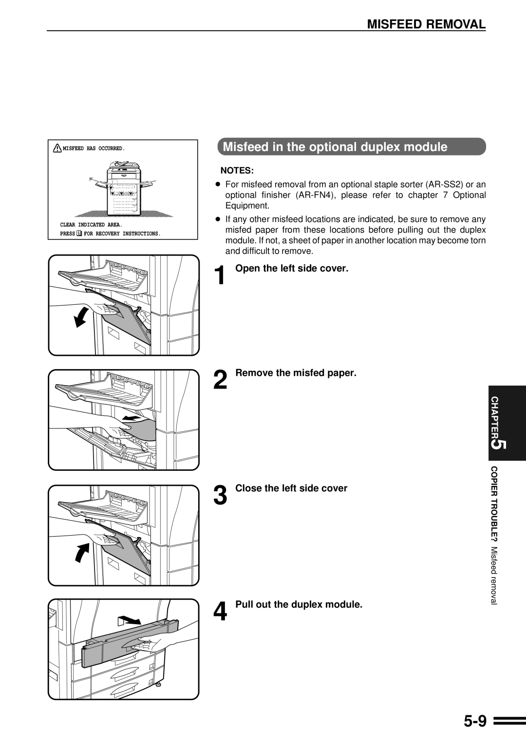 Sharp AR-C250 operation manual Misfeed in the optional duplex module 