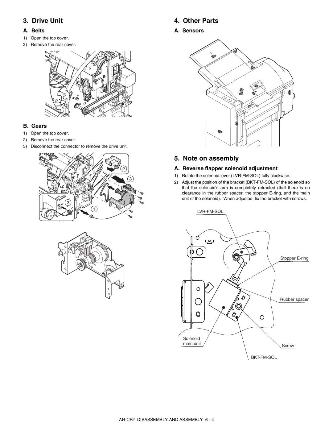 Sharp AR-CF2 service manual Drive Unit, Other Parts, Belts, Gears, Sensors Reverse flapper solenoid adjustment 