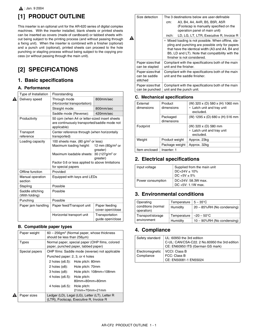 Sharp AR-CF2 service manual Product Outline, Specifications 