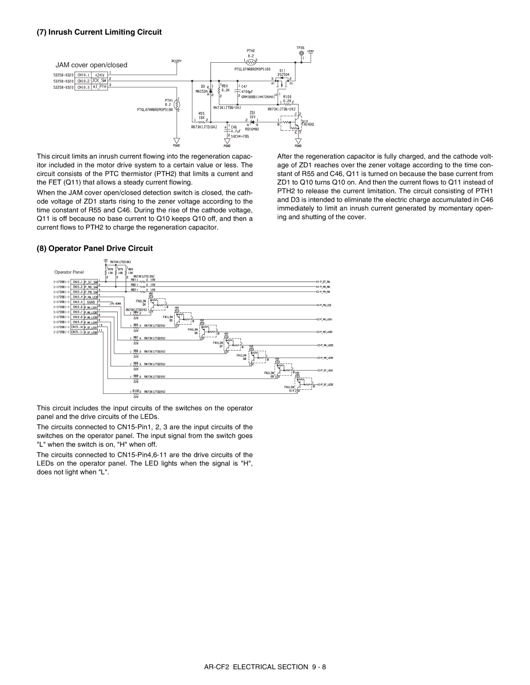 Sharp AR-CF2 service manual Inrush Current Limiting Circuit, Operator Panel Drive Circuit 