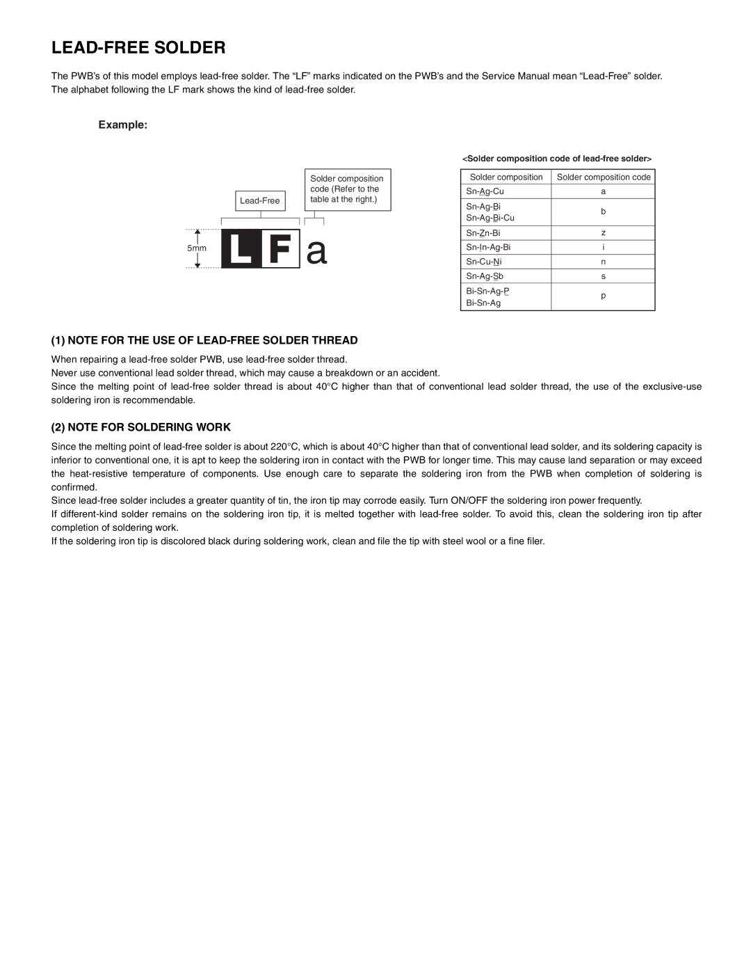 Sharp AR-CF2 service manual LEAD-FREE Solder, Example 