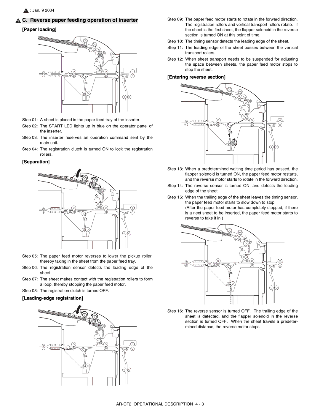 Sharp AR-CF2 service manual Reverse paper feeding operation of inserter, Entering reverse section 