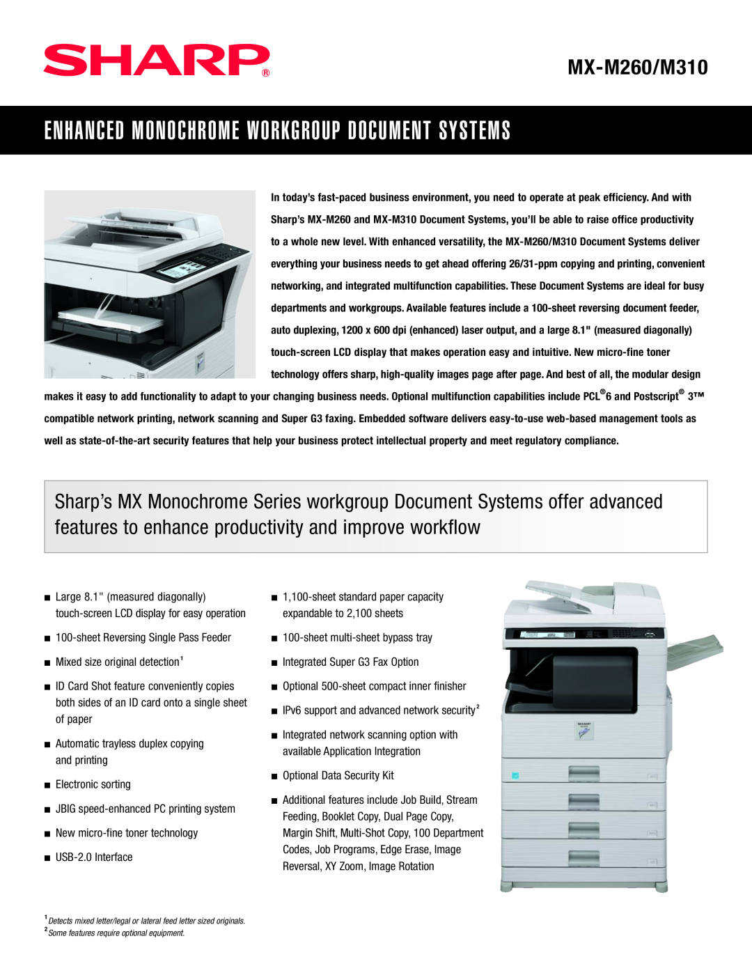 Sharp MX-FN13, AR-PF1 manual Enhanced Monochrome Workgroup Document Systems, MX-M260/M310, Mixed size original detection 