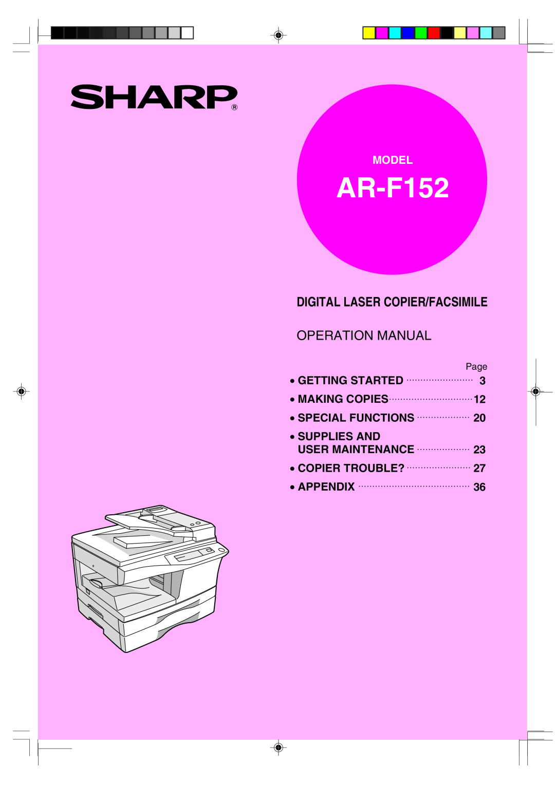 Sharp AR-F152 operation manual Digital Laser Copier/Facsimile, Model, Getting Started, Making Copies, Special Functions 