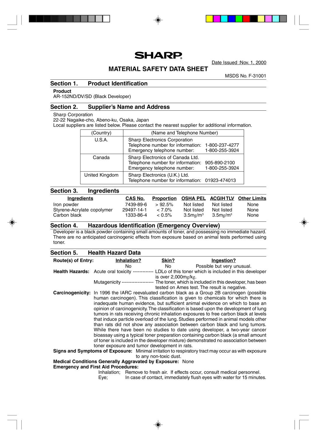 Sharp AR-F152 Material Safety Data Sheet, Product Identification, Supplier’s Name and Address, Section, Ingredients 