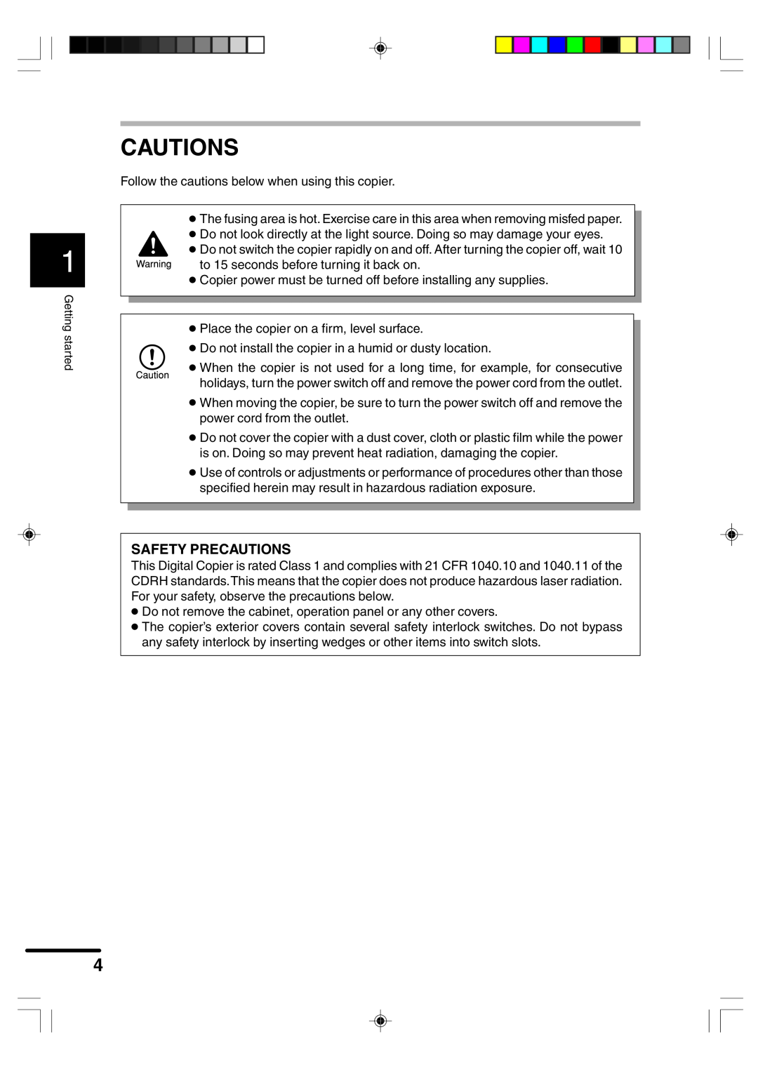 Sharp AR-F152 operation manual Cautions, Safety Precautions 
